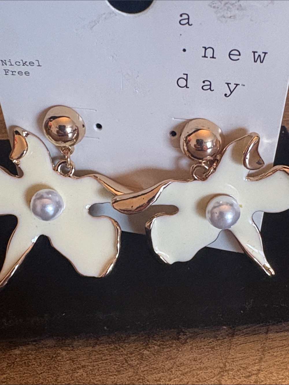 A New Day Cream Floral Pearl Drop Earrings Gold Tone Nickel Free